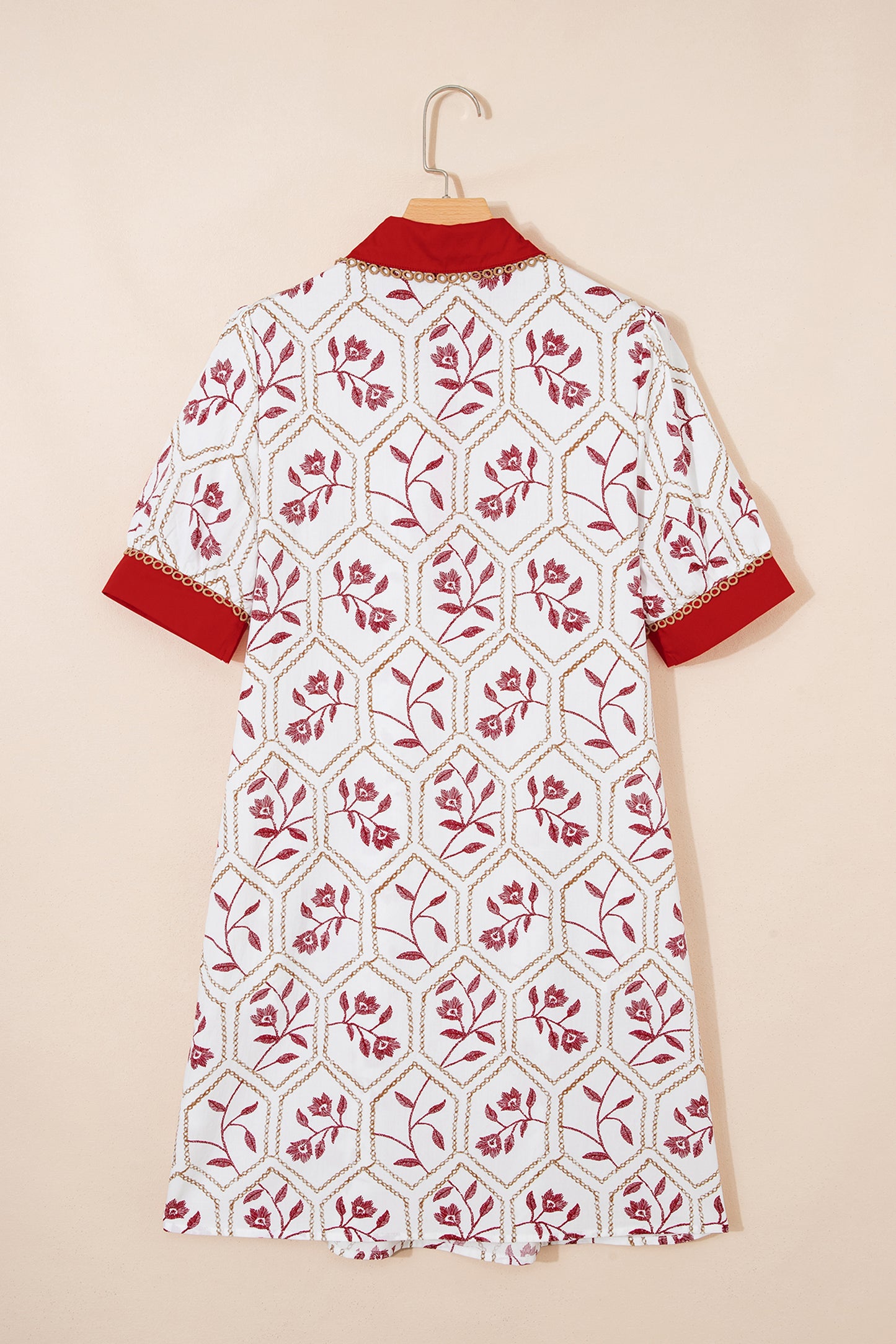Red Geometric Floral Print Lace Trim Collared Short Sleeve Mini Dress-TOPS / DRESSES-[Adult]-[Female]-2022 Online Blue Zone Planet