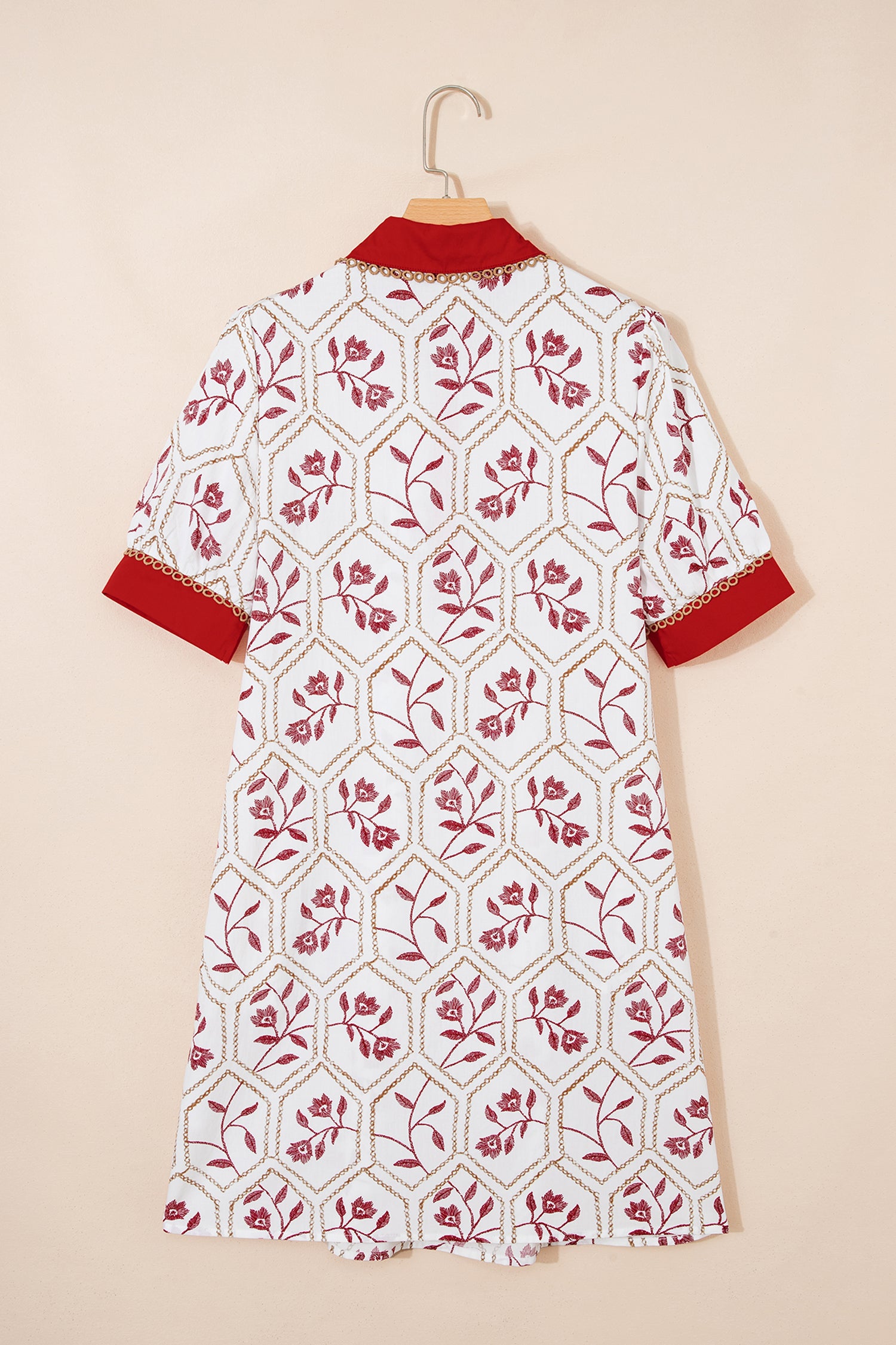 Red Geometric Floral Print Lace Trim Collared Short Sleeve Mini Dress-TOPS / DRESSES-[Adult]-[Female]-2022 Online Blue Zone Planet