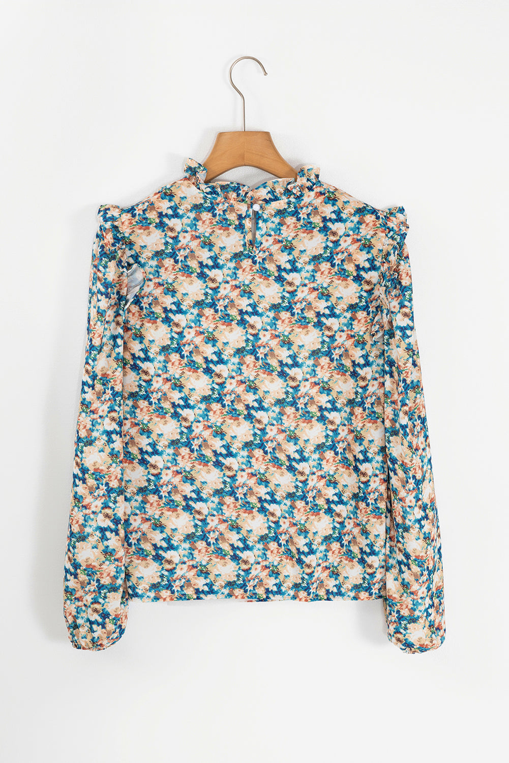 Sky Blue Floral Print Frilled Mock Neck Puff Sleeve Blouse-Tops/Blouses & Shirts-[Adult]-[Female]-2022 Online Blue Zone Planet