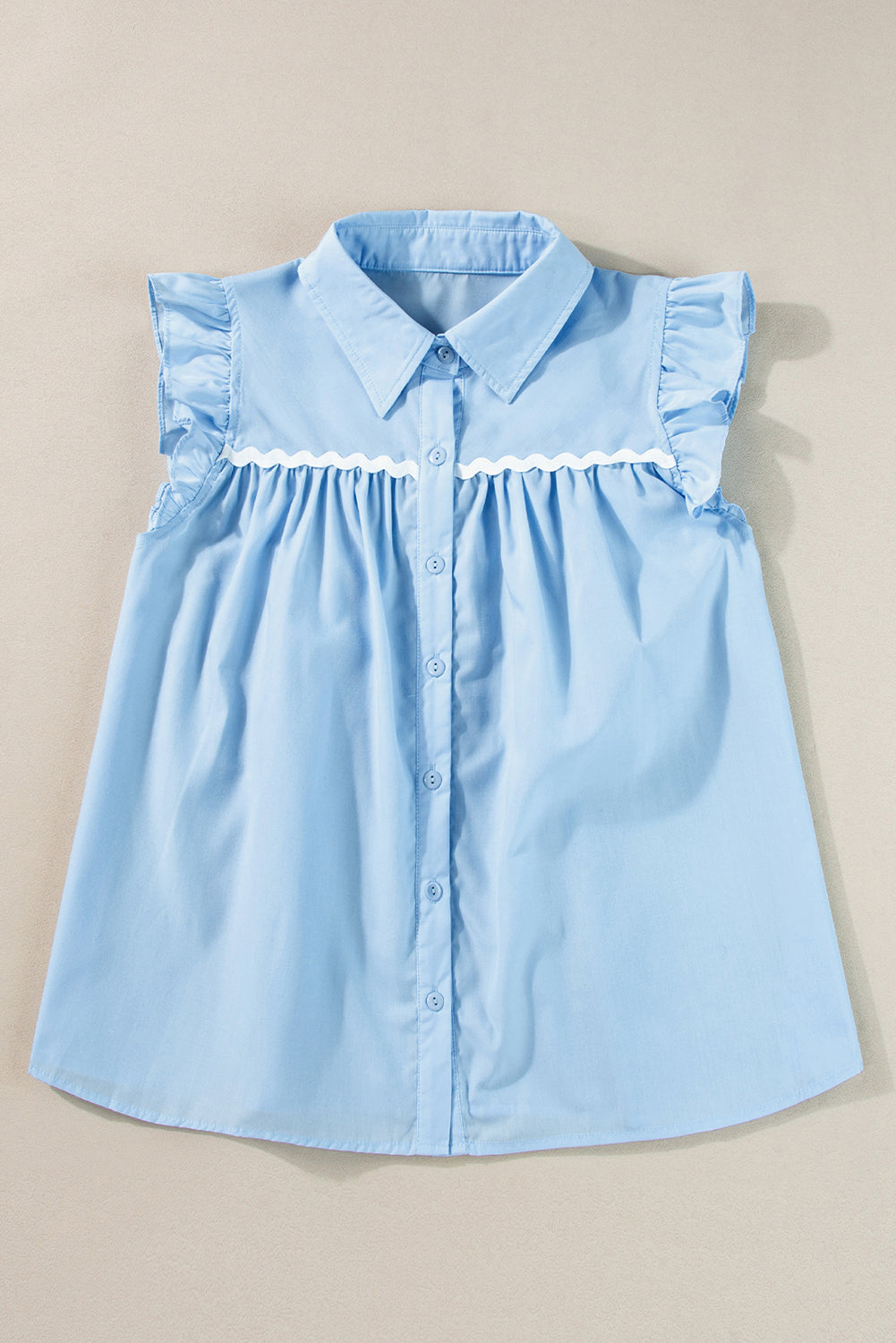 Sky Blue Ric Rac Trim Frilly Sleeveless Shirt-Tops/Blouses & Shirts-[Adult]-[Female]-2022 Online Blue Zone Planet