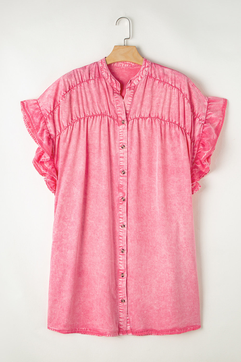 Pink Ruffled Short Sleeve Buttoned Denim Mini Dress Blue Zone Planet