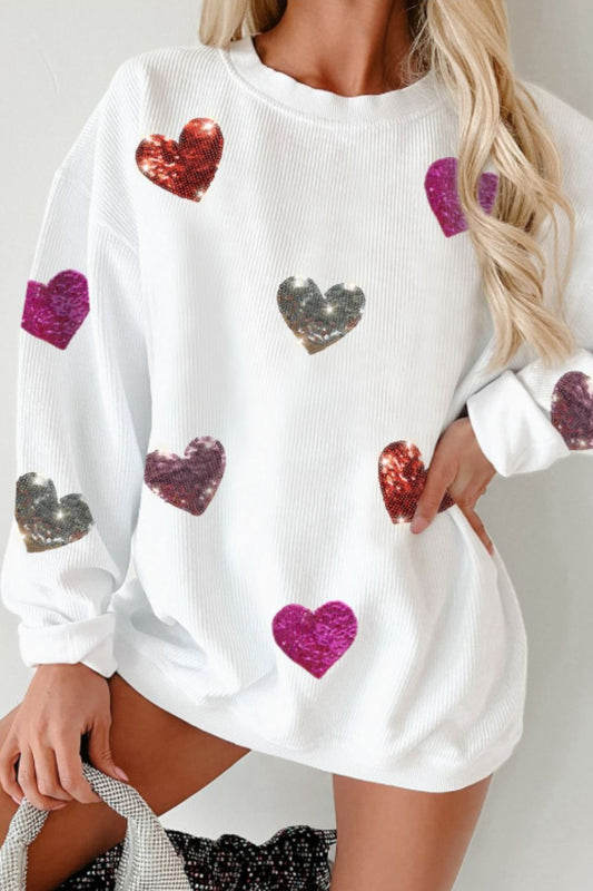 Blue Zone Planet | Valentine’s Day Sequin Heart Round Neck Long Sleeve Sweatshirt-TOPS / DRESSES-[Adult]-[Female]-White-S-2022 Online Blue Zone Planet