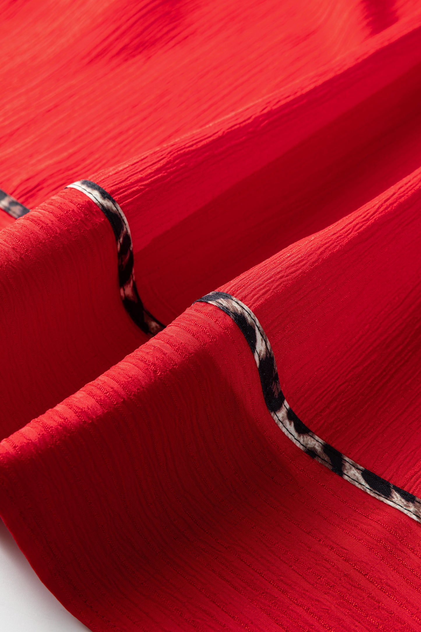 Fiery Red Textured V Neck Leopard Contrasted Trim Long Sleeve Shift Mini Dress