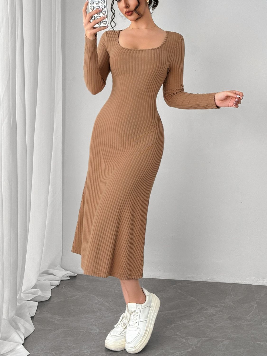 Square Neck Long Sleeve Midi Wrap Dress-TOPS / DRESSES-[Adult]-[Female]-2022 Online Blue Zone Planet