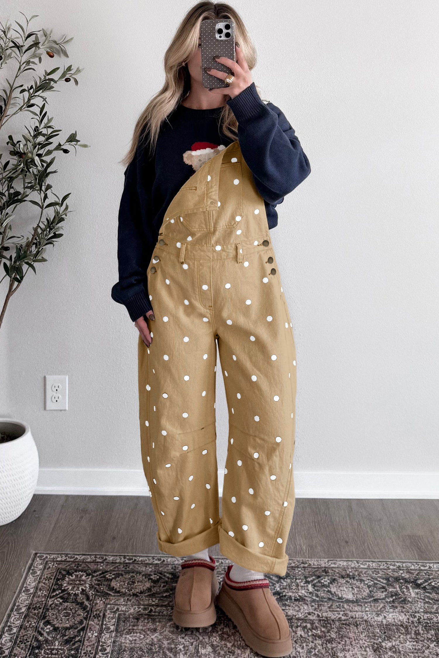 Jet Stream Polka Dot Print Bib Pocket Denim Barrel Overalls Jumpsuit-Bottoms/Jumpsuits & Rompers-[Adult]-[Female]-2022 Online Blue Zone Planet