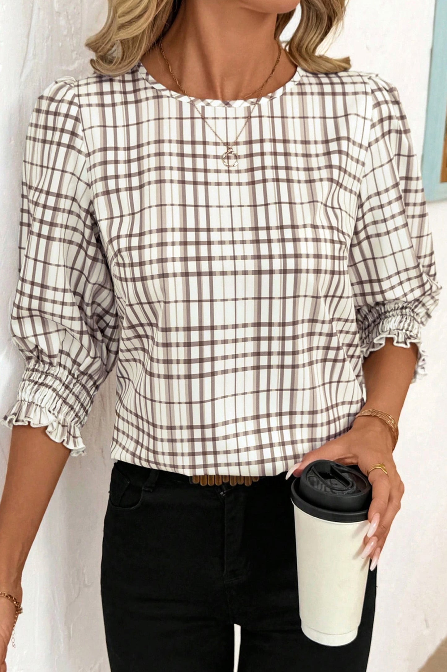 White Plaid Print Frilled Puffy Half Sleeve Blouse-Tops/Blouses & Shirts-[Adult]-[Female]-2022 Online Blue Zone Planet