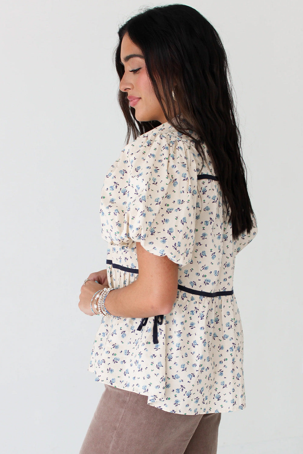 White Contrast Trim Floral Puff Short Sleeve Shirt-Tops/Blouses & Shirts-[Adult]-[Female]-2022 Online Blue Zone Planet