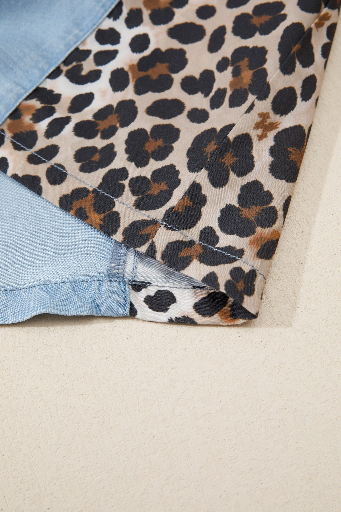 Myosotis Denim Color Block Leopard Patchwork Shirt Collar T Shirt Mini Dress-Dresses/T Shirt Dresses-[Adult]-[Female]-2022 Online Blue Zone Planet