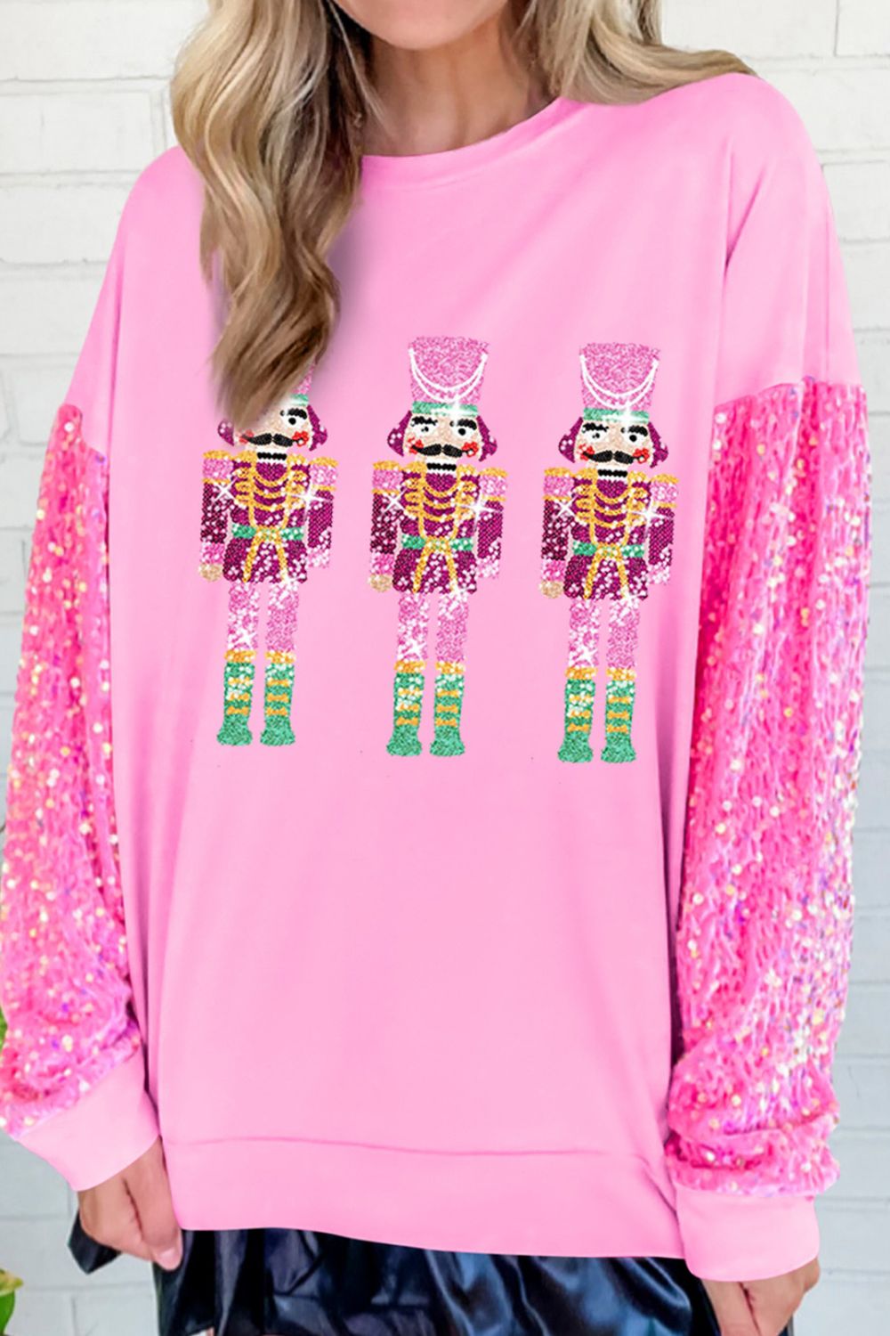 Sequin Nutcracker Dropped Shoulder Sweatshirt-TOPS / DRESSES-[Adult]-[Female]-Pink-S-2022 Online Blue Zone Planet