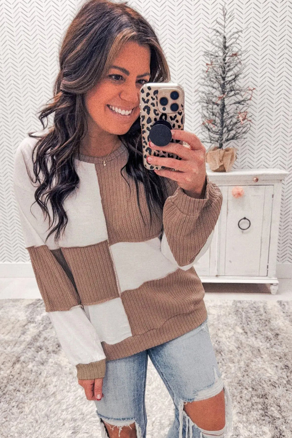 Dark Khaki Colorblock Checkered Raw Seamed Round Neck Knitted Jumper-Tops/Long Sleeve Tops-[Adult]-[Female]-2022 Online Blue Zone Planet