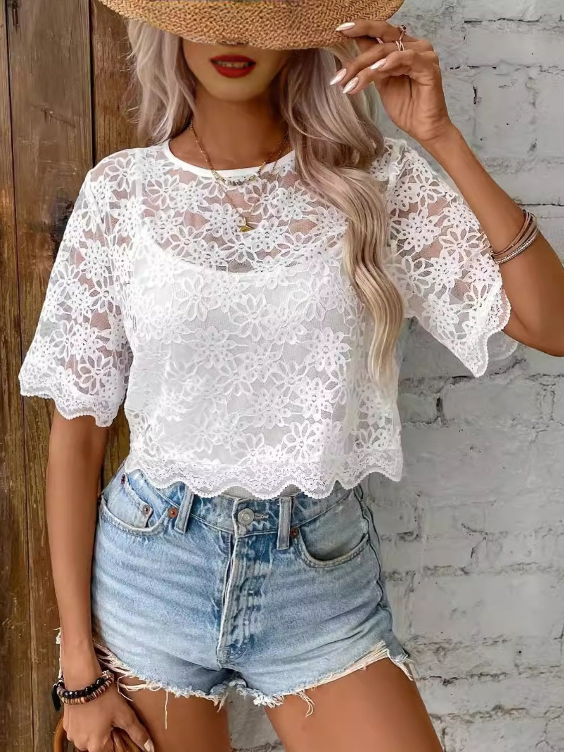 Flower Texture Round Neck Short Sleeve Top-TOPS / DRESSES-[Adult]-[Female]-2022 Online Blue Zone Planet