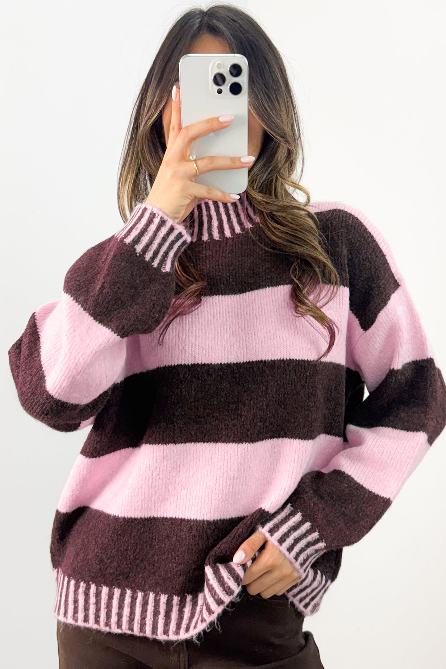Pink Stripe Contrast High Neck Dropped Shoulder Relaxed Pullover Sweater
