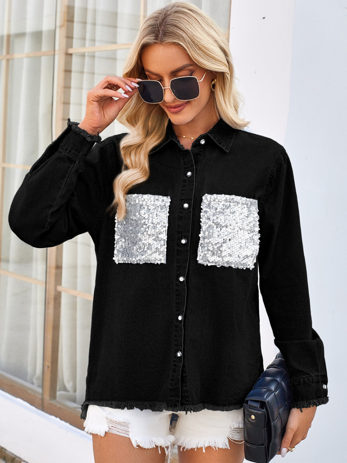 Blue Zone Planet | Raw Hem Button Up Long Sleeve Denim Jacket with Sequin Pockets-TOPS / DRESSES-[Adult]-[Female]-2022 Online Blue Zone Planet