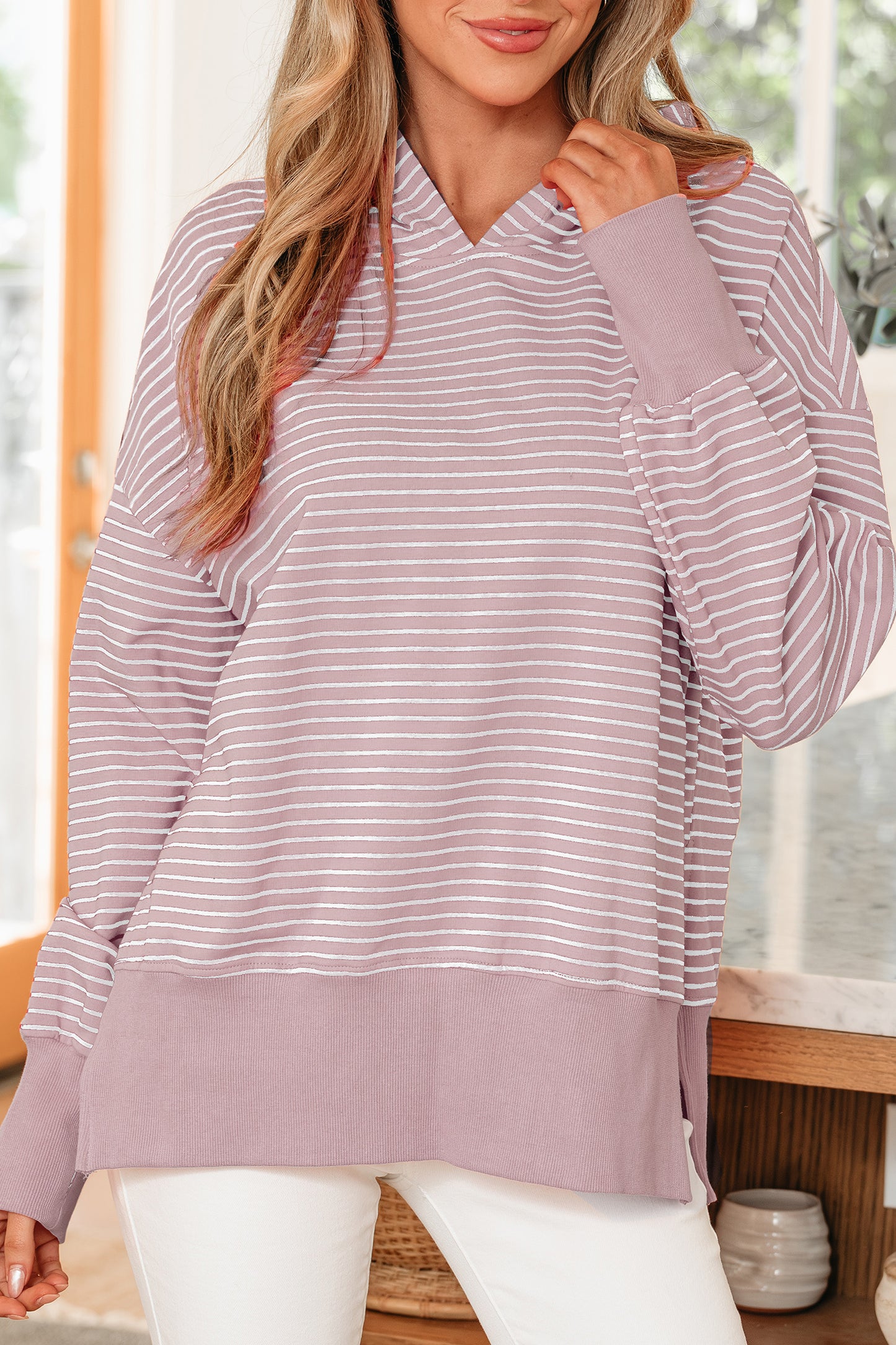 Purple Stripe Thumbhole Side Slits Drop Shoulder Loose Fit Hoodie-Tops/Sweatshirts & Hoodies-[Adult]-[Female]-2022 Online Blue Zone Planet
