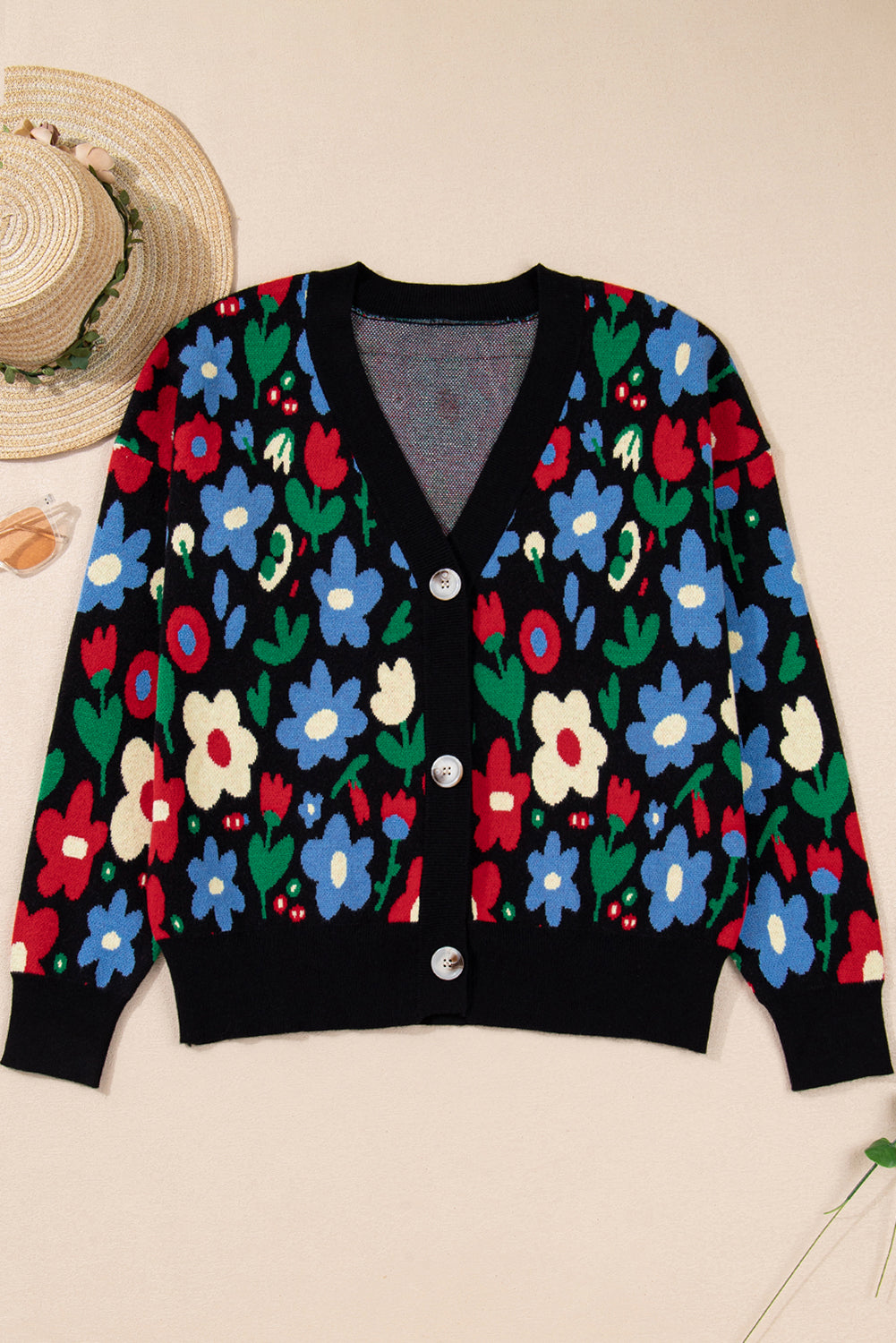 Black Floral Print V Neck Buttoned Short Cardigan Sweater-TOPS / DRESSES-[Adult]-[Female]-2022 Online Blue Zone Planet