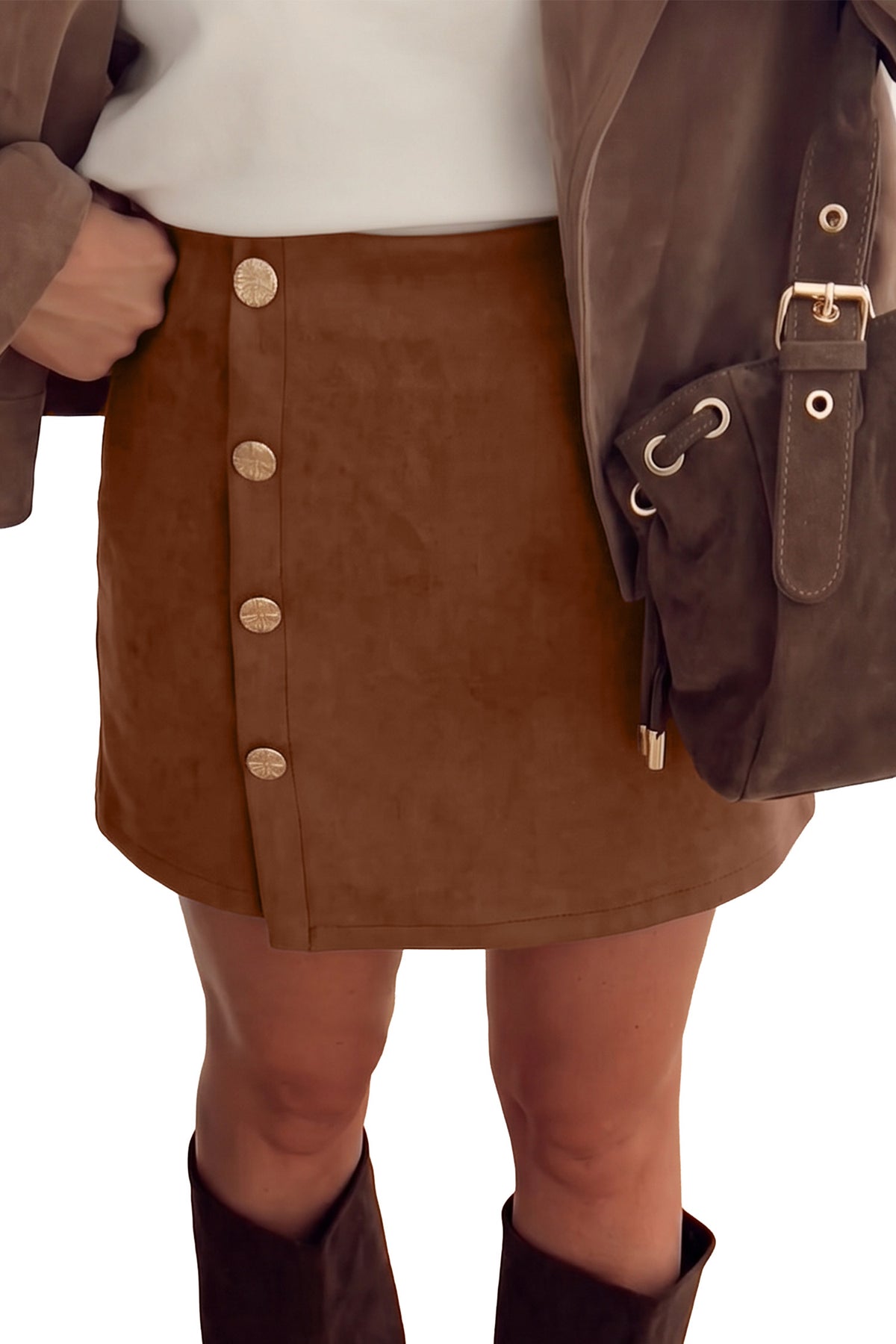 Dark Khaki Gold Button Asymmetric Wrapped Detail Mini Skirt-Bottoms/Skirts & Petticoat-[Adult]-[Female]-2022 Online Blue Zone Planet