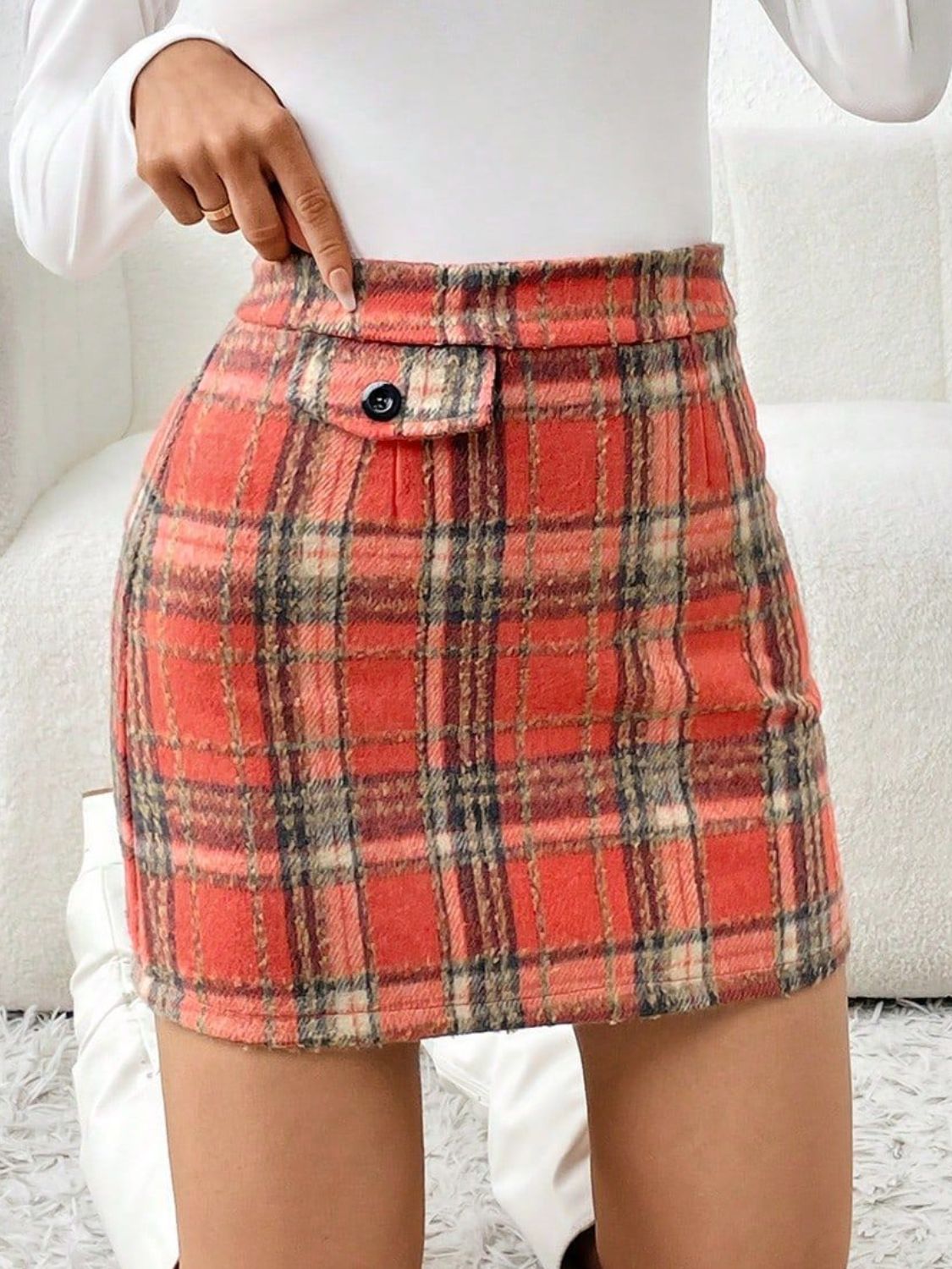 Decorative Button Plaid Mini Skirt-BOTTOMS SIZES SMALL MEDIUM LARGE-[Adult]-[Female]-2022 Online Blue Zone Planet