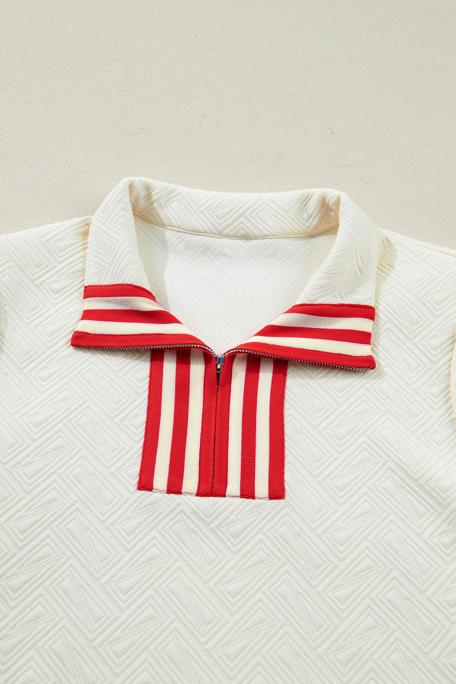 White Textured Knit Contrast Striped Accent Zipped Collar Pullover Top-Tops/Long Sleeve Tops-[Adult]-[Female]-2022 Online Blue Zone Planet
