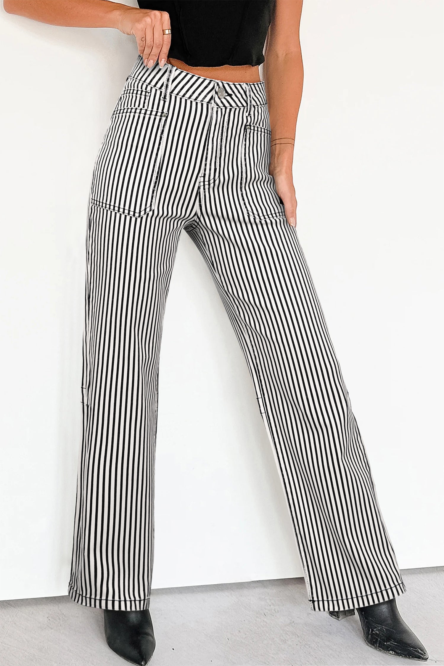 Black Stripe Patch Pocket High Waist Shift Denim Jeans-Bottoms/Jeans-[Adult]-[Female]-Black Stripe-4-2022 Online Blue Zone Planet