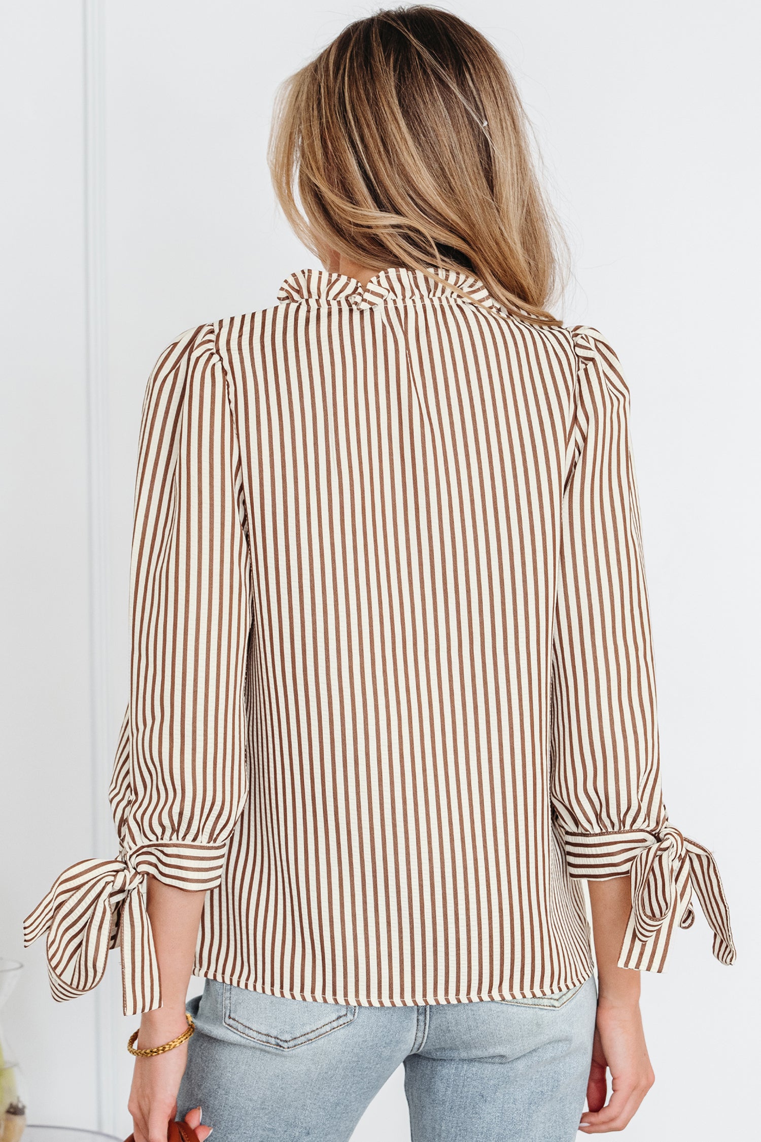 Straw Yellow Striped Print Tied Cuffs Split Neck Seersucker Blouse-Tops/Blouses & Shirts-[Adult]-[Female]-2022 Online Blue Zone Planet