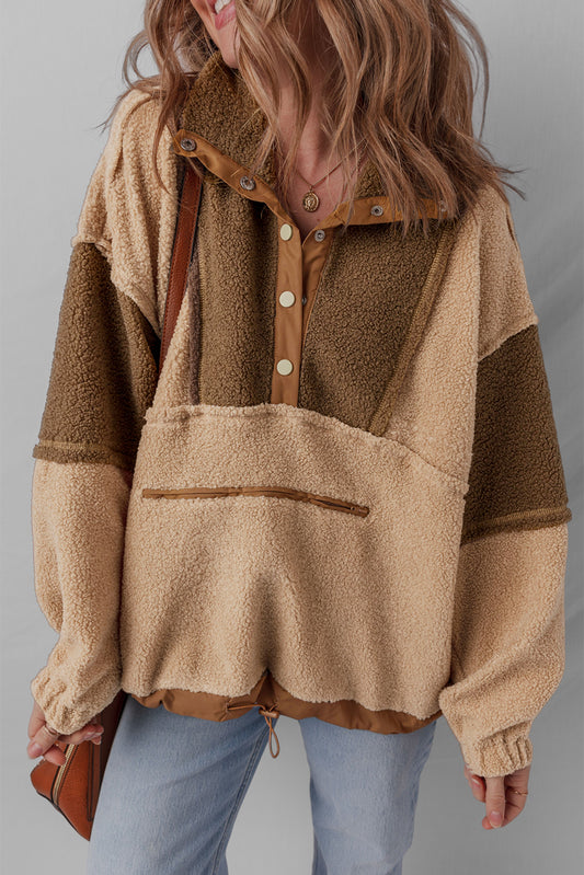 Straw Yellow 2-tone Color Block Patchwork Half Button Sherpa Sweatshirt-Tops/Sweatshirts & Hoodies-[Adult]-[Female]-2022 Online Blue Zone Planet