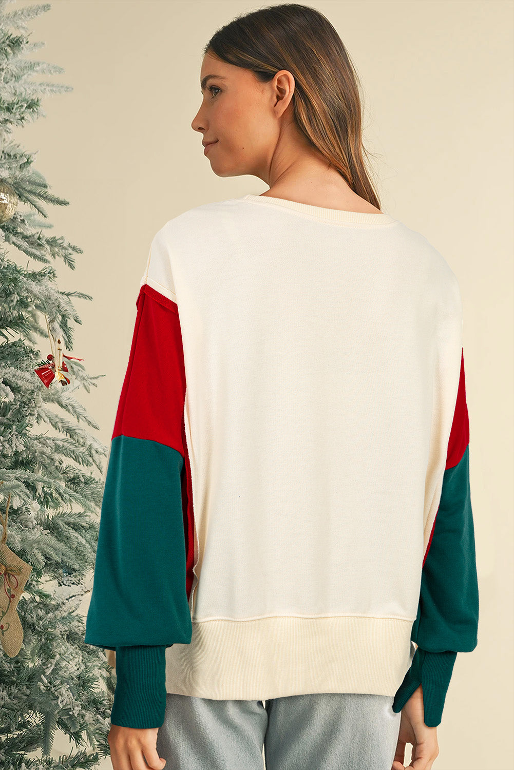 Blue Zone Planet | Apricot Sequin Christmas Star Color Block Sleeve Side Slits Sweatshirt-Sweatshirts & Hoodies-[Adult]-[Female]-2022 Online Blue Zone Planet