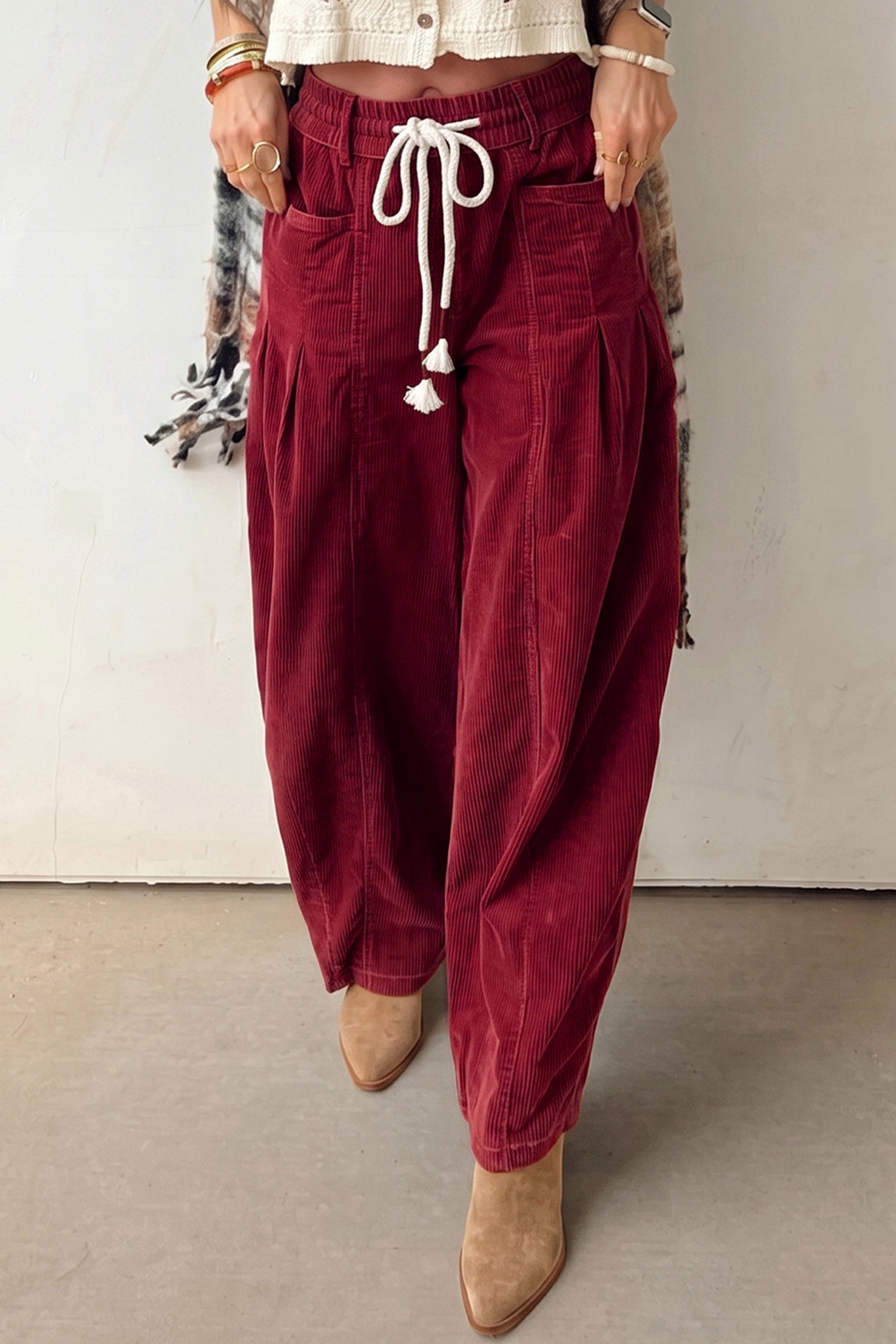 Racing Red Elastic Waist Drawstring Corduroy Casual Pants-Bottoms/Pants & Culotte-[Adult]-[Female]-2022 Online Blue Zone Planet