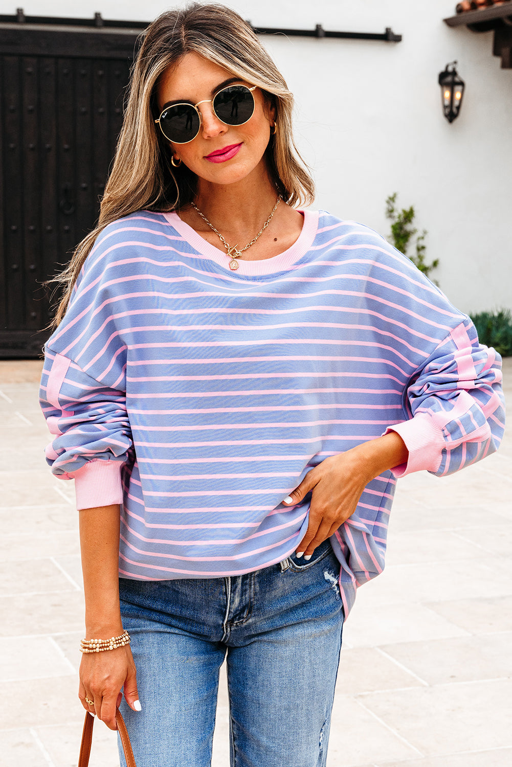 Sky Blue Stripe Oversize Contrast Trim Drop Shoulder Casual Top-Tops/Long Sleeve Tops-[Adult]-[Female]-2022 Online Blue Zone Planet
