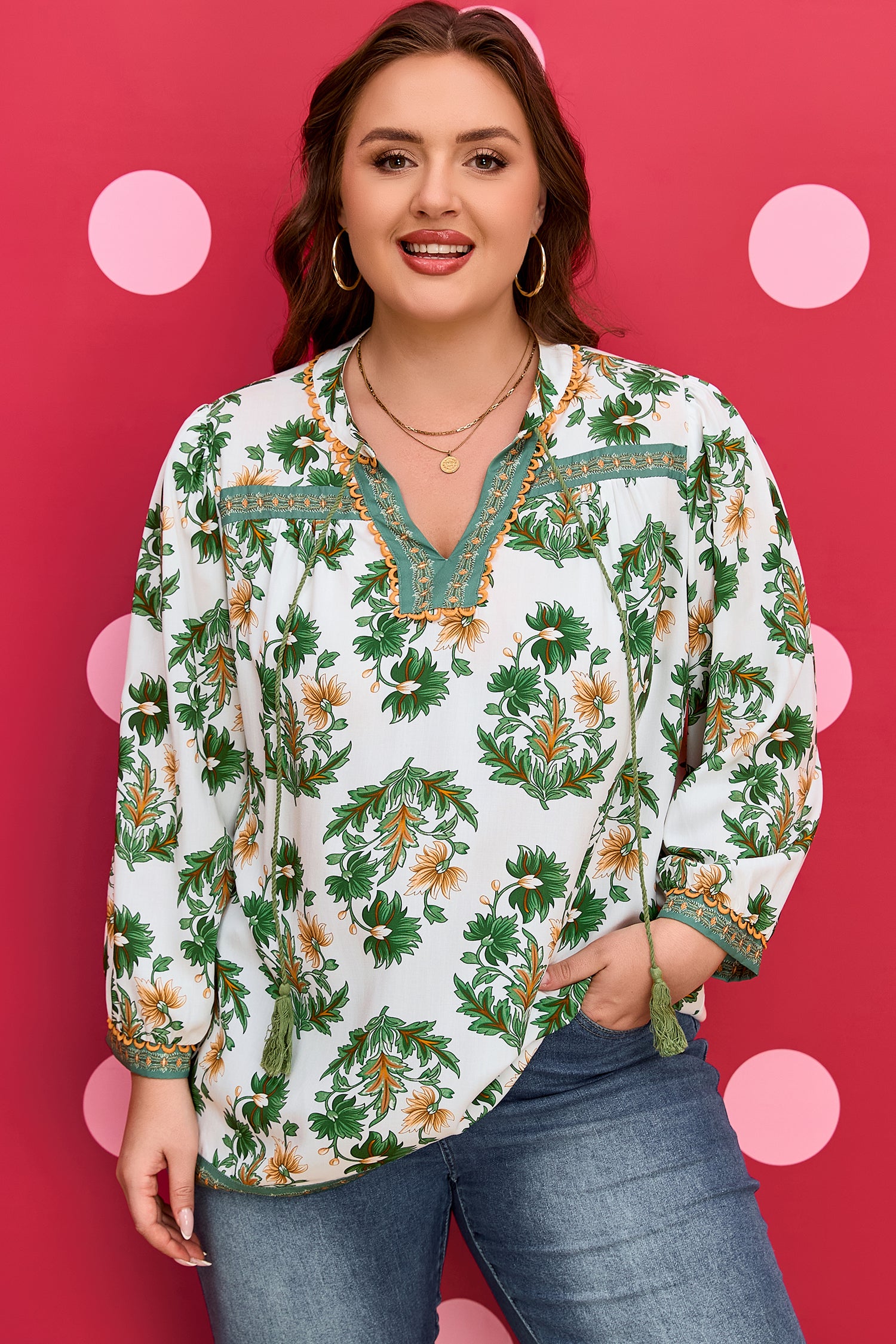 Green Plus Size Floral Printed Contrast Patchwork Detail Tassel Tie 3/4 Sleeve Blouse-Plus Size/Plus Size Tops/Plus Size Blouses & Shirts-[Adult]-[Female]-2022 Online Blue Zone Planet