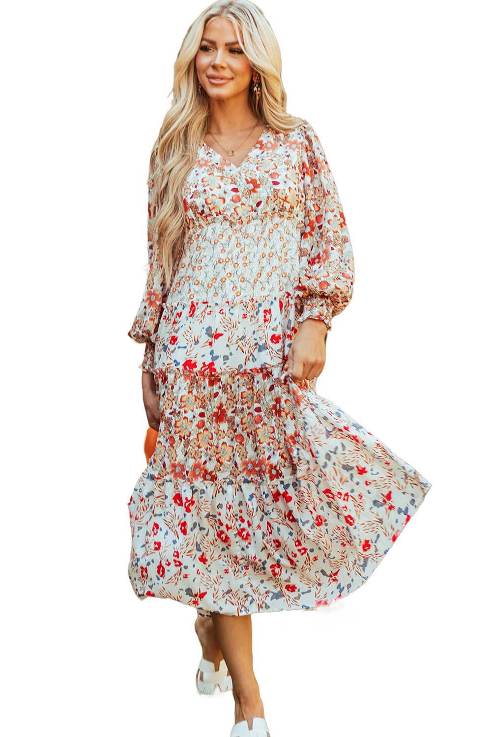 Blue Zone Planet | Khaki Floral Print Ruffled Tiered Long Sleeve V Neck Midi Dress-TOPS / DRESSES-[Adult]-[Female]-2022 Online Blue Zone Planet