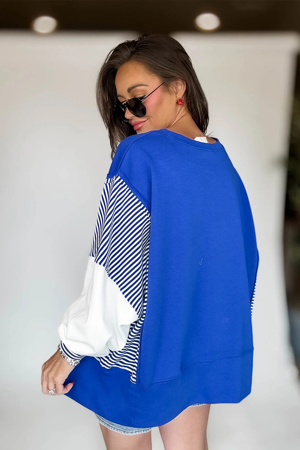 Dark Blue Striped Patchwork Sleeve Colorblock Sweatshirt-Tops/Sweatshirts & Hoodies-[Adult]-[Female]-2022 Online Blue Zone Planet