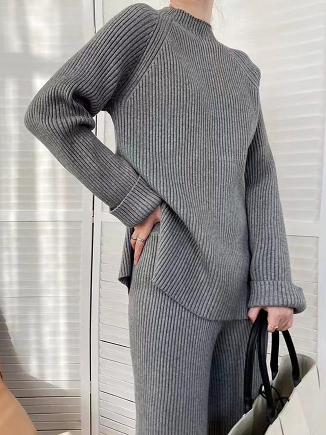 Mock Neck Raglan Sleeve Top and Pants Sweater Set-TOPS / DRESSES-[Adult]-[Female]-Dark Gray-One Size-2022 Online Blue Zone Planet