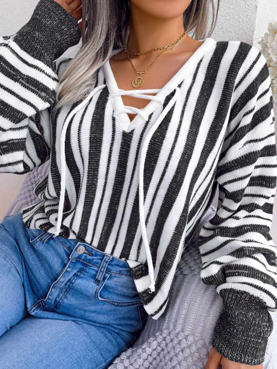 Striped Lace-Up Long Sleeve Sweater-TOPS / DRESSES-[Adult]-[Female]-2022 Online Blue Zone Planet