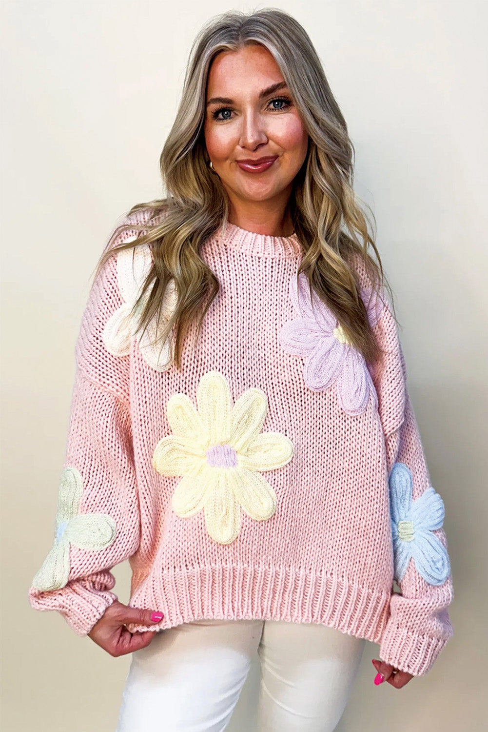 Pink Petals & Threads Embroidered Floral Sweater-Sweaters & Cardigans/Sweaters-[Adult]-[Female]-2022 Online Blue Zone Planet