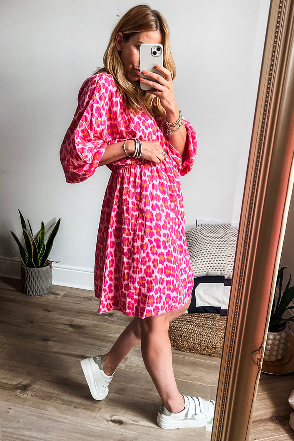 Pink Leopard Print Elasticated V Neck 3/4 Puff Sleeve Dress-Dresses/Mini Dresses-[Adult]-[Female]-2022 Online Blue Zone Planet