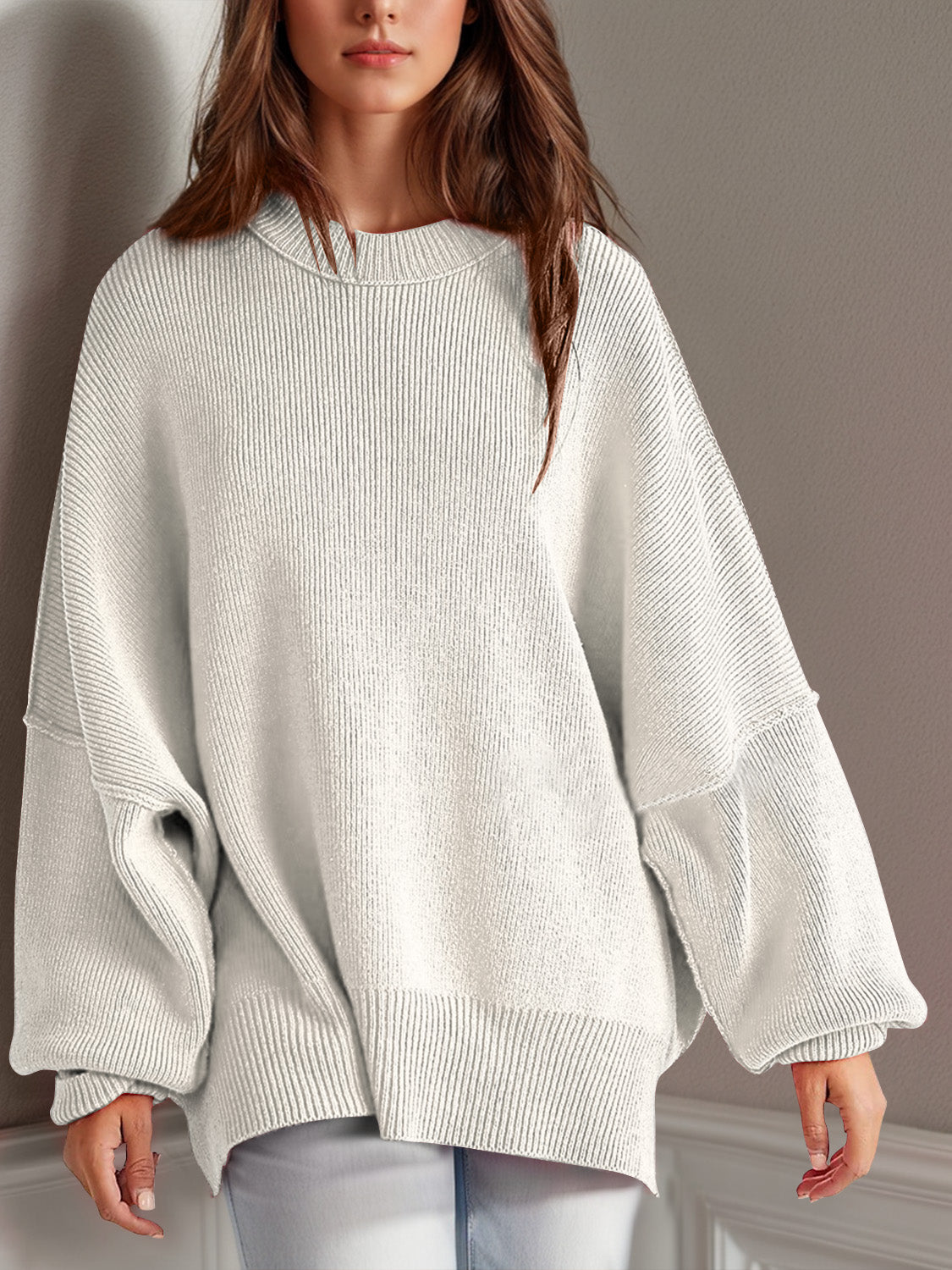 Blue Zone Planet | Double Take Side Slit Round Neck Long Sleeve Sweater-TOPS / DRESSES-[Adult]-[Female]-White-S-2022 Online Blue Zone Planet