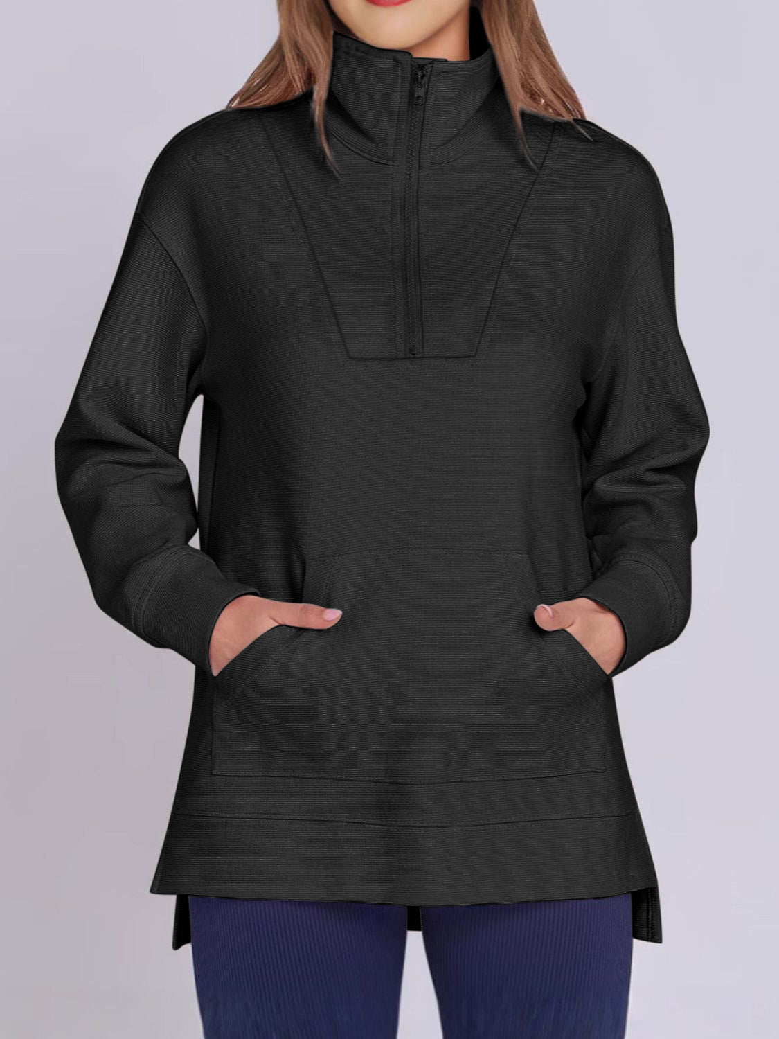 Blue Zone Planet | ฺHigh-Low Quarter Zip Long Sleeve Sweatshirt-TOPS / DRESSES-[Adult]-[Female]-Black-S-2022 Online Blue Zone Planet