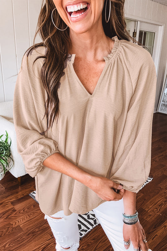 Parchment V Neck Gathered Cuff Three Quarter Sleeve Blouse-Tops/Blouses & Shirts-[Adult]-[Female]-2022 Online Blue Zone Planet