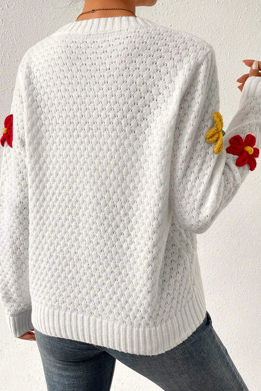 White Colorful Flower Applique Textured Knit Sweater-Sweaters & Cardigans/Sweaters-[Adult]-[Female]-2022 Online Blue Zone Planet