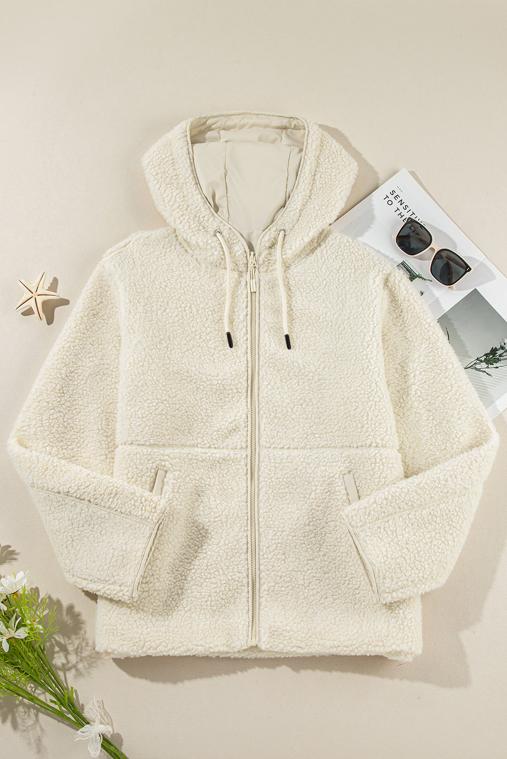 Blue Zone Planet | Beige Fleece Zip Up Drawstring Hooded Pocketed Jacket-Tops / Dresses-[Adult]-[Female]-2022 Online Blue Zone Planet