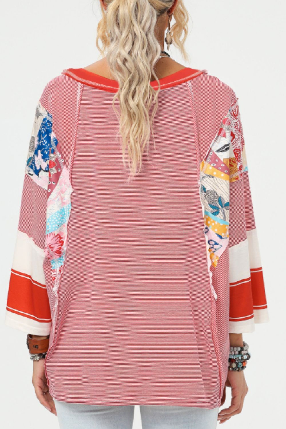 Striped Floral Patchwork Round Neck Top-TOPS / DRESSES-[Adult]-[Female]-2022 Online Blue Zone Planet