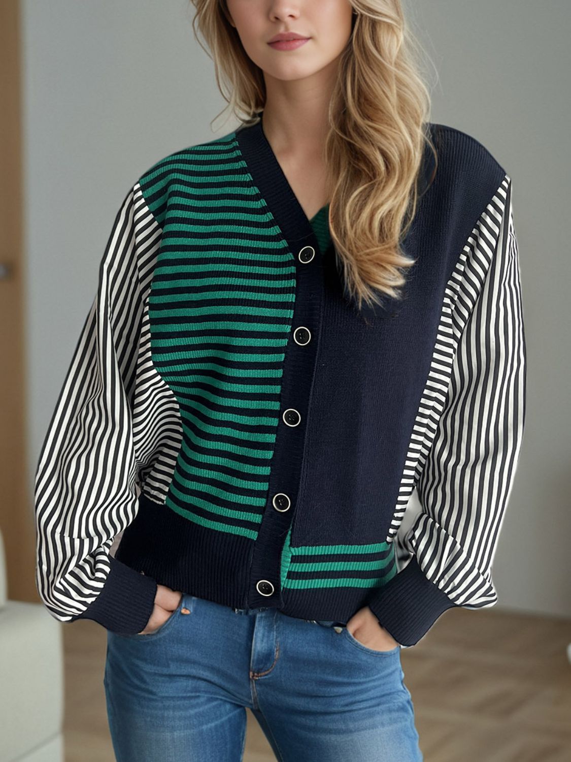 Blue Zone Planet | Striped Button Down Long Sleeve Cardigan-TOPS / DRESSES-[Adult]-[Female]-Dark Green-One Size-2022 Online Blue Zone Planet