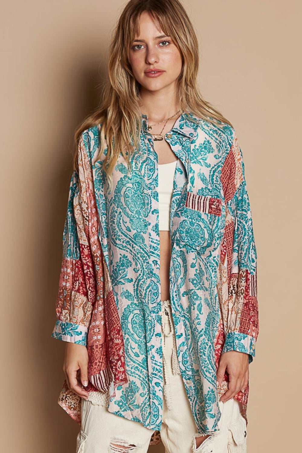 Blue Zone Planet | POL Long Sleeve Printed Button Down Shirt-TOPS / DRESSES-[Adult]-[Female]-2022 Online Blue Zone Planet