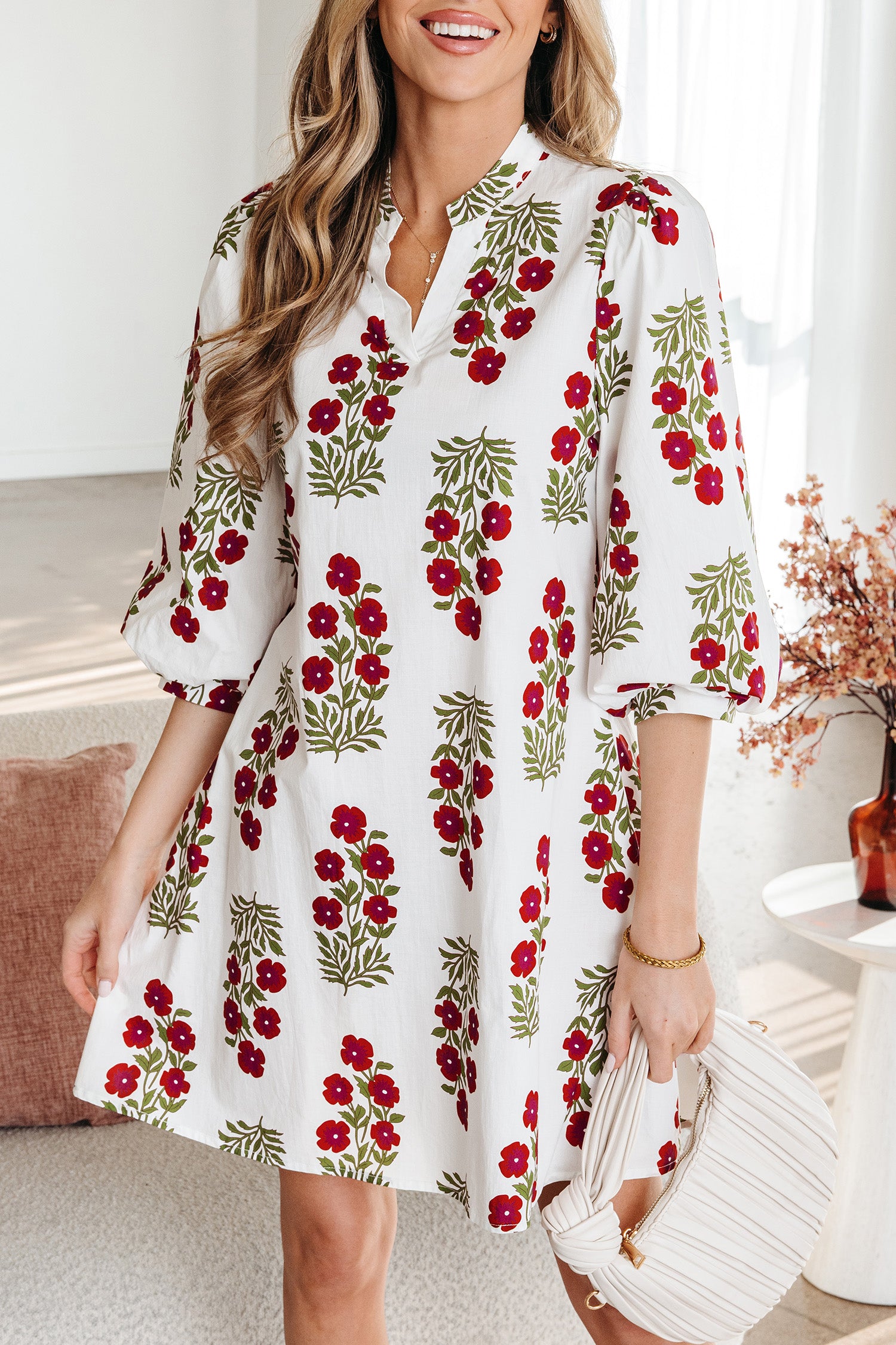 White Floral Print V Neck 3/4 Sleeve Loose Mini Dress-TOPS / DRESSES-[Adult]-[Female]-2022 Online Blue Zone Planet