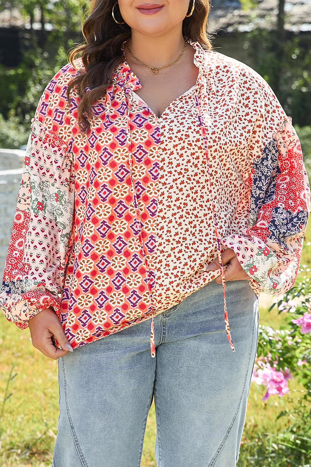 Blue Zone Planet | Orange Floral Geometric Patchwork Lace-up Crewneck Plus Size Blouse-Plus Size/Plus Size Tops/Plus Size Blouses & Shirts-[Adult]-[Female]-2022 Online Blue Zone Planet