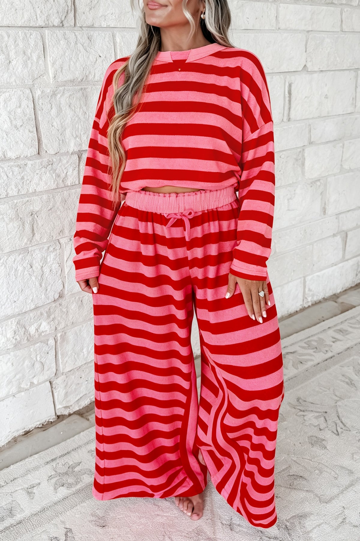 Red Stripe Two-Piece Drop Shoulder Pullover Loose Pants Set-Two Piece Sets/Pant Sets-[Adult]-[Female]-Red Stripe-S-2022 Online Blue Zone Planet