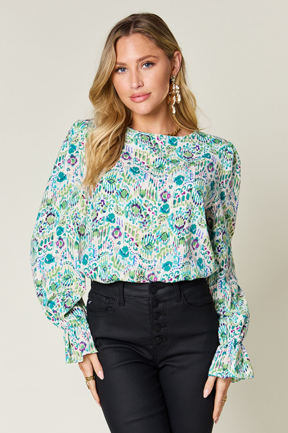 Blue Zone Planet | Double Take Full Size Printed Flounce Sleeve Blouse-TOPS / DRESSES-[Adult]-[Female]-Turquoise-S-2022 Online Blue Zone Planet