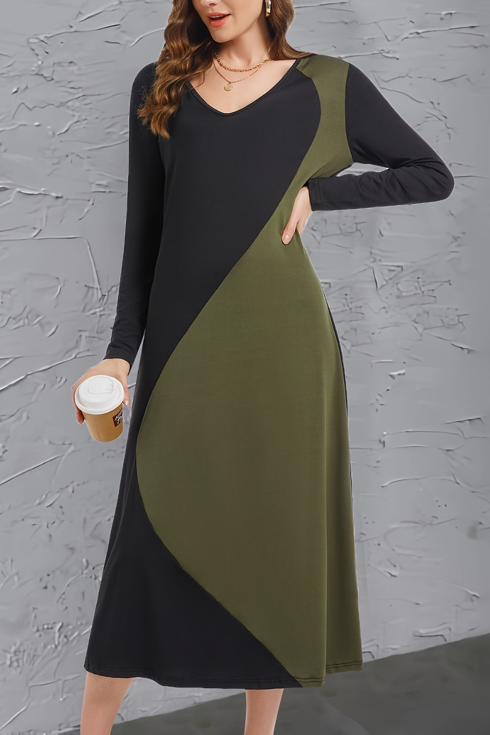 Contrast Long Sleeve Midi Dress-TOPS / DRESSES-[Adult]-[Female]-2022 Online Blue Zone Planet