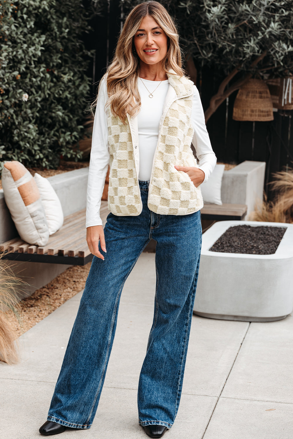 Khaki Sherpa Checkerboard Snap Button Vest Jacket With Pocket-Outerwear/Vests-[Adult]-[Female]-2022 Online Blue Zone Planet