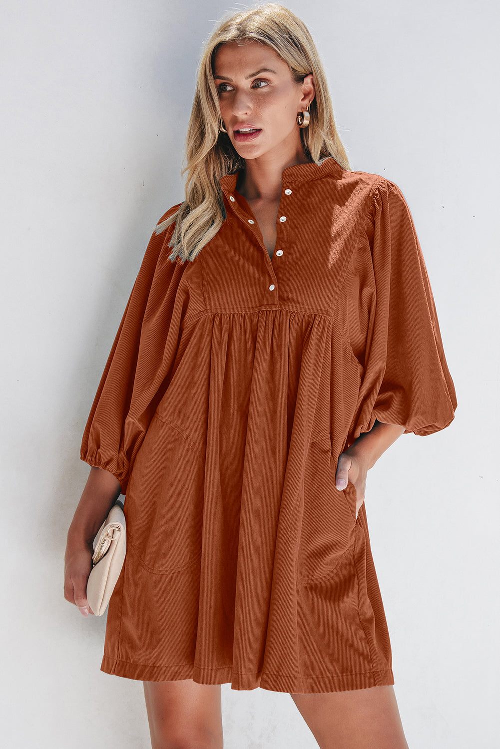 Corduroy Snap Buttons Empire Waist Bracelet Sleeve Dress - Sunny Angela Gold Flame / XL Corduroy Snap Buttons Empire Waist Bracelet Sleeve Dress - Sunny Angela Gold Flame / XL